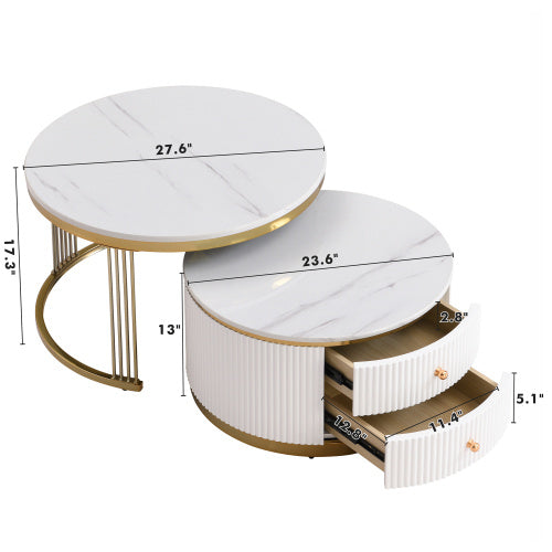 Modern 2-piece White Circular Nested Coffee Table With Drawers, 27.6 Inches