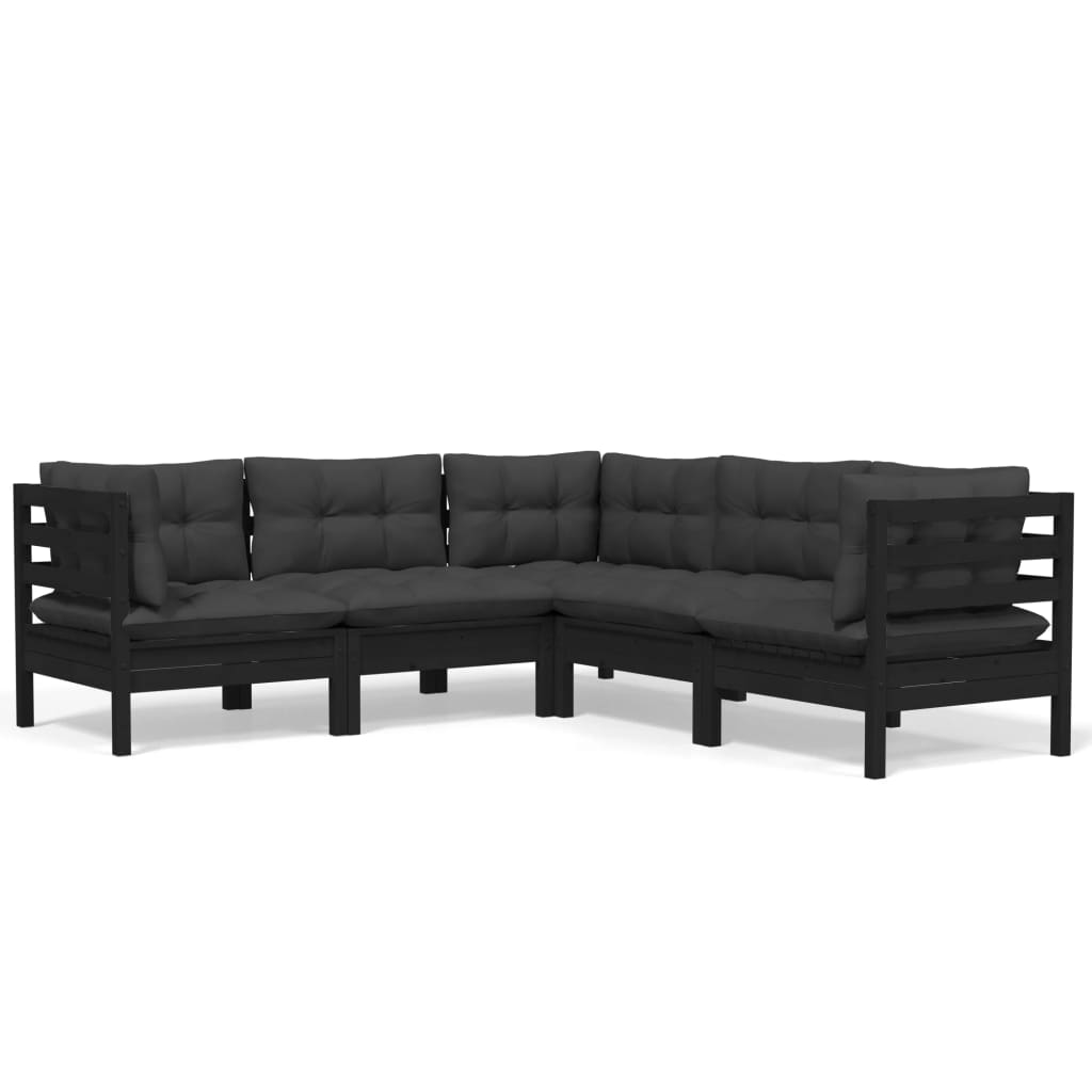 NNEVL 5 Piece Garden Lounge Set with Cushions Black Solid Pinewood