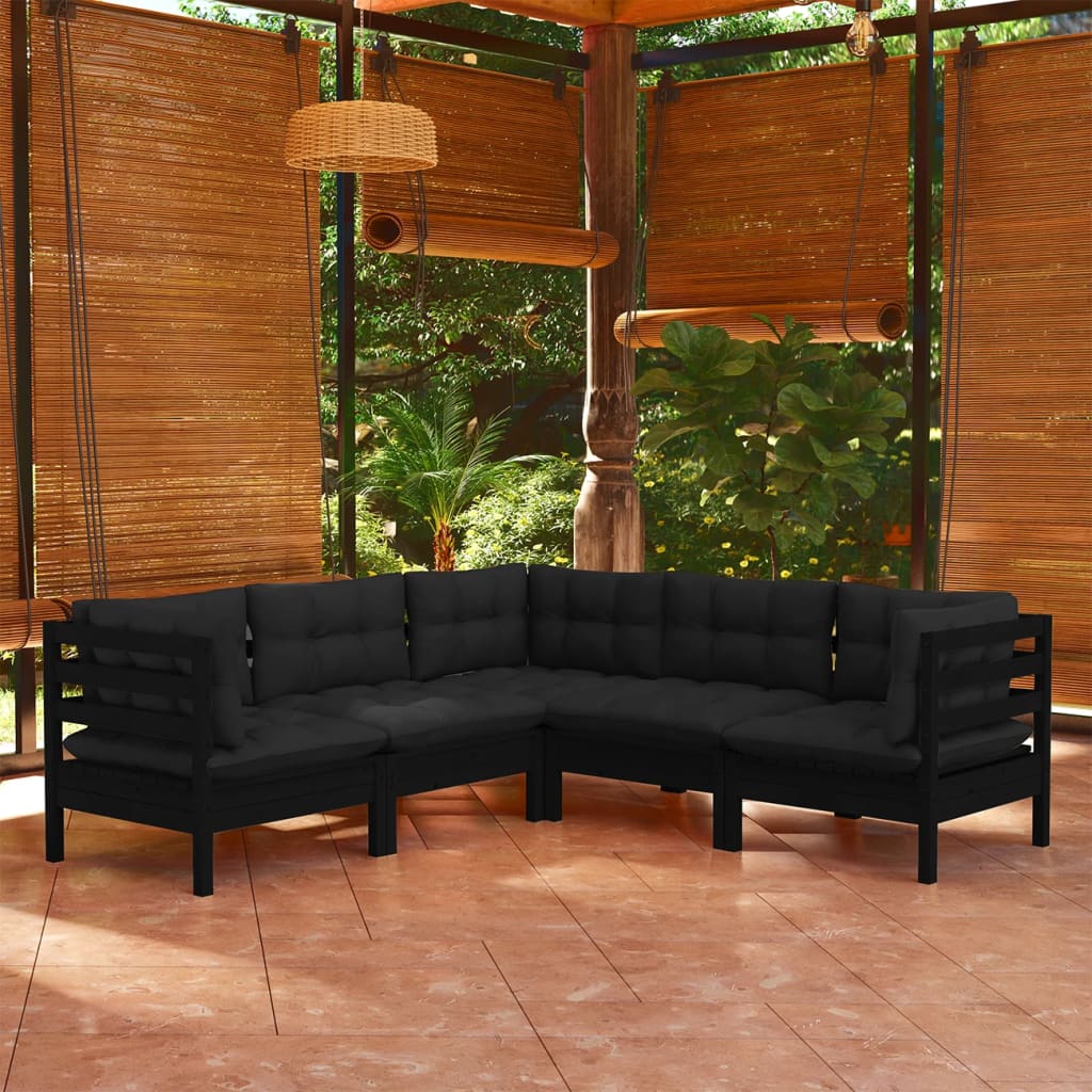 NNEVL 5 Piece Garden Lounge Set with Cushions Black Solid Pinewood